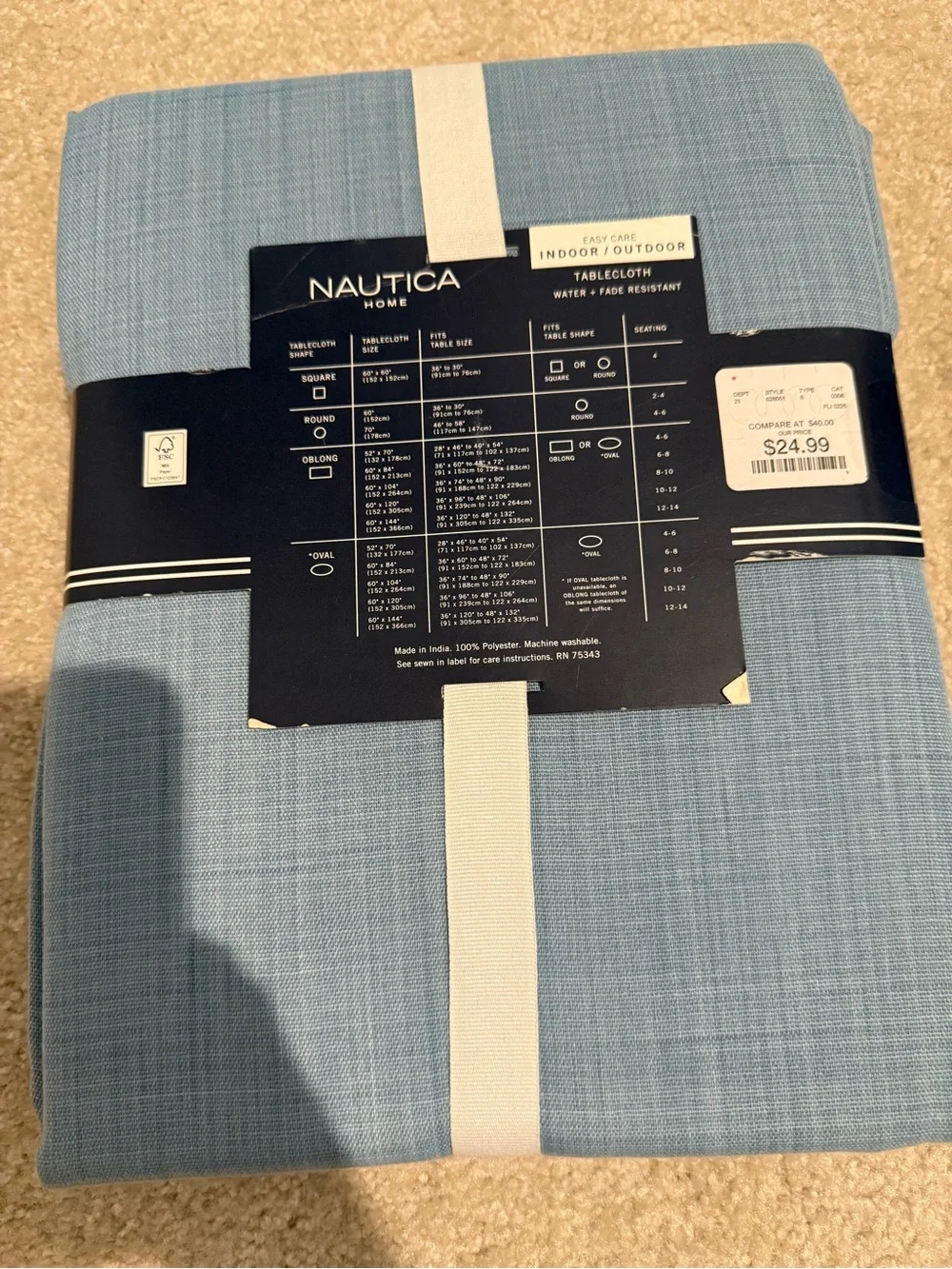 Nautica Light Blue Indoor/Outdoor Tablecloth
